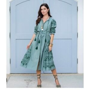 Julia Amory Embroidered Cotton Midi Shirtdress Sage Green XL NWT